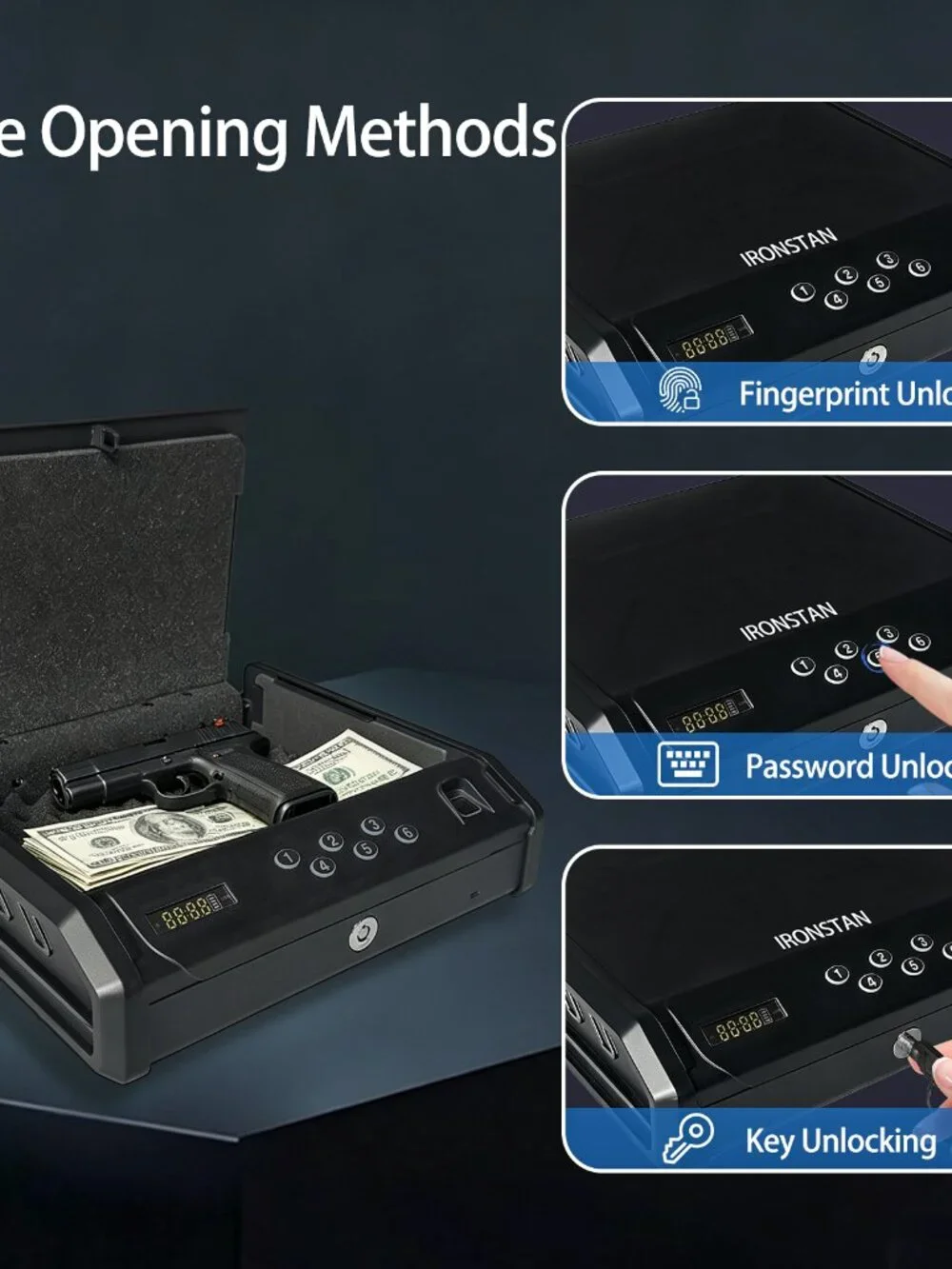 Gun Safe with 3 Unlock Ways - Fingerprint/Digital PIN/Key, Quick Access, LCD